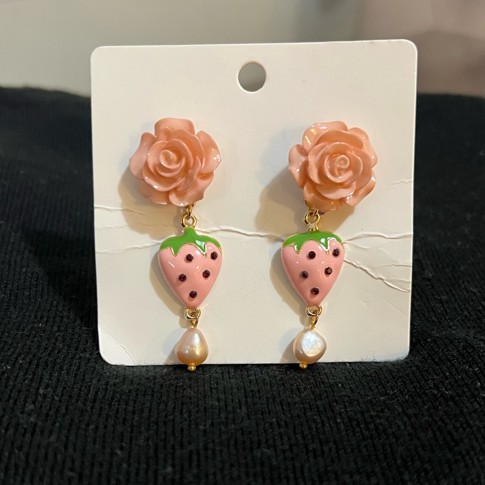 Pink Rose and Strawberry Earrings